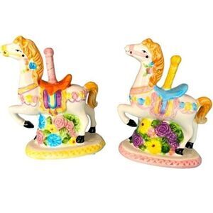 Vintage Pair of Handcrafted Merry Go Round Carousel Horses - Porcelain Ceramic